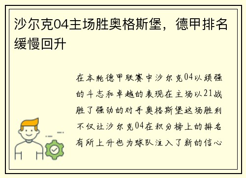 沙尔克04主场胜奥格斯堡，德甲排名缓慢回升